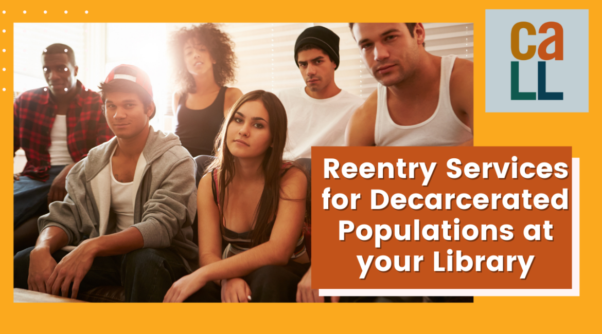 young adults sitting together, text reads reentry services for decarcerated populations at your library