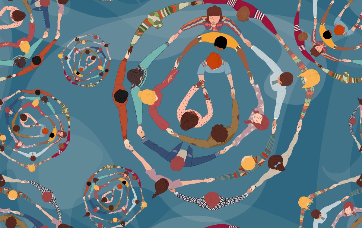artistic illustration of many people holding hands to create circles around other people holding hands